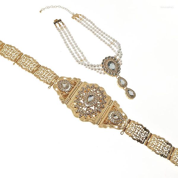 Collana Orecchini Set Algeria Gioielli da sposa Cintura in metallo Abito abito Catena in vita Collo da sposa Perla Cuore Ciondolo goccia d'acqua