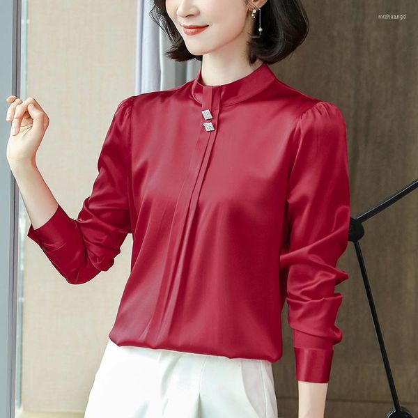 Damenblusen Mode Echte Seide Frauen Elegante Hemden Frühling Sommer Langarm Solide Bluse Bürodame Rot Weiß Hemd Tops