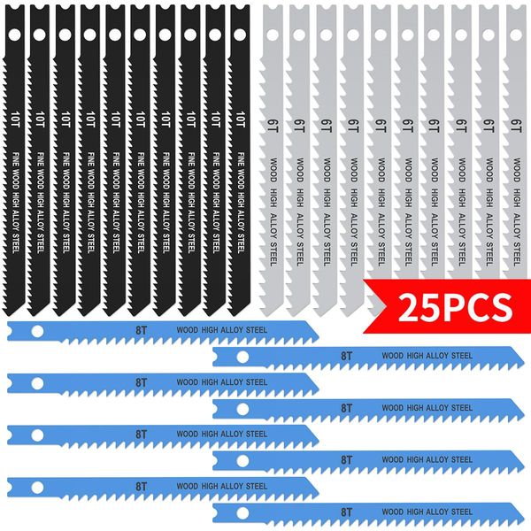 Peças 25 Pcs Jig Saw Blade Set 6T 8T 10T HCS Lâminas de serra variadas com Ushank Sharp Fast Cut Down Jigsaw Blade Ferramenta para trabalhar madeira