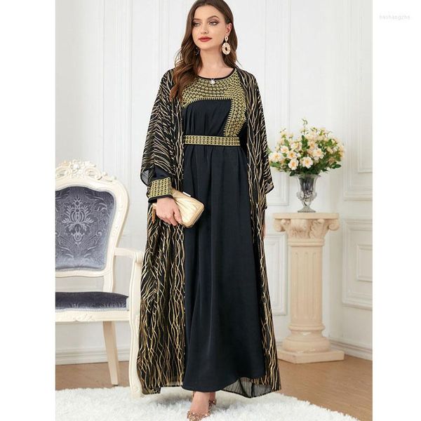 Vestidos casuais mulheres 2 Peices Definir manto de manga longa Islâmica ABAYA DUBAI DUBAI TURQUIO MOROCANO CAFTAN KAFTAN Vestido Maxi Loose