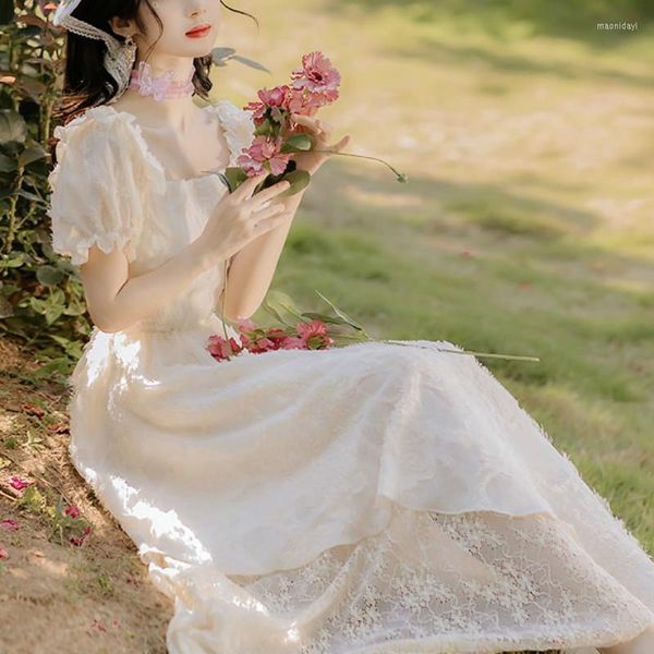 Sıradan elbiseler vintage elbise kadınlar zarif puflu kol şifon perisi yaz nakış çiçek fransız stil