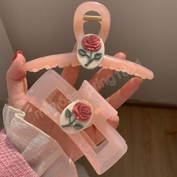 Pink Rose Flower Hair Claws Crab Clamps Woman Transparent Large Clip Elegant Female Hairpins Headwear Girl Barrettes