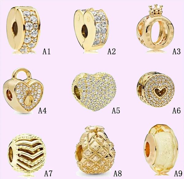 Charms in argento 925 con perline adatte al fascino Pandora LOVE corona con fibbia fissa in perle di vetro color oro