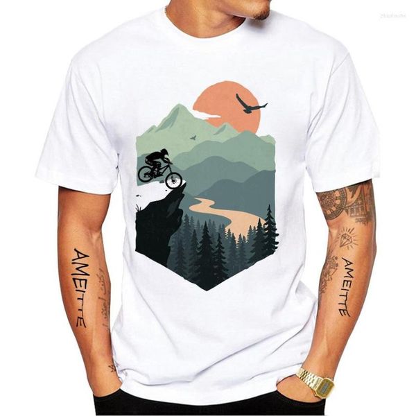 Herren-T-Shirts, Sommer, Männer, Kurzarm, bei Dämmerung, weite Aussicht, ein malerischer Sonnenuntergang, Berge, Fahrrad, Radfahren, T-Shirt, Weiß, Freizeit-T-Shirts, Hip-Hop-Jungen-Oberteile