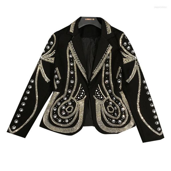 Bühnenkleidung Umlegekragen Jacke Schwarz Tanzkostüm Frauen Nachtclub Dj Metall Perlen Anzug Mode Party Rave Outfit Mantel Blazer