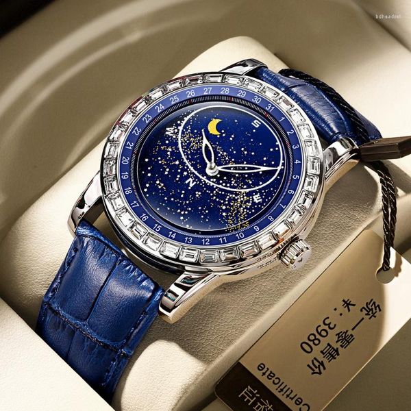 Orologi da polso Binbond Rotante Cielo stellato Piatto vuoto Orologio con diamanti Moda uomo Sole Luna Stella Impermeabile Luminoso