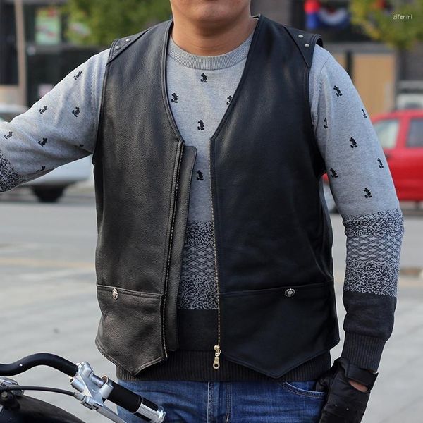 Gilet da uomo Biker di alta qualità Gilet in pelle spessa da moto Giacca senza maniche da mucca fatta a mano per club motociclistico S Nero