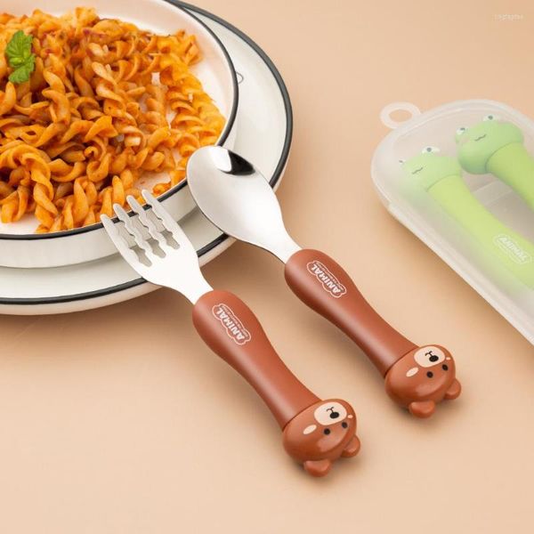 Set di stoviglie 2 pezzi Set di posate per bambini dei cartoni animati Simpatico orso rana cucchiaio forchetta con scatola in acciaio inossidabile per bambini che imparano a mangiare utensili da tavola