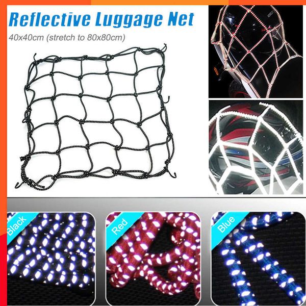 Neu 40x40CM Reflektierendes Motorrad Gepäcknetz Helm Mesh Net Strap Down 6 Haken Kraftstofftank Netting Bungee Motorrad Zubehör