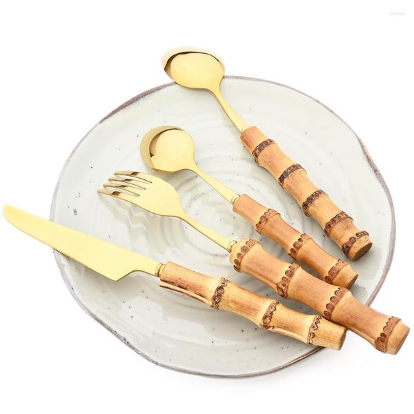 Set di posate Set di posate con manico in bambù Coltello da bistecca Forchetta Caffè Cucchiaio da tè Stoviglie Specchio Stoviglie da cucina in acciaio inossidabile