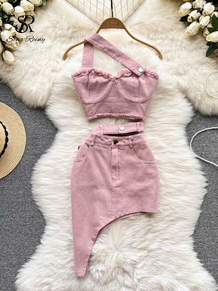 Abito a due pezzi SINGREINY Denim Pink Sexy Women Set Zipper Sashes Button Pocket Irregolare senza spalline Backless Top Gonna di jeans Set a due pezzi J230506