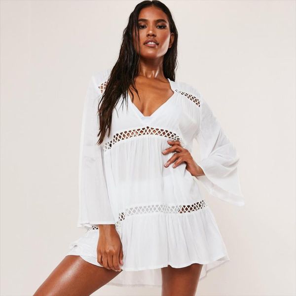 Costumi da bagno da donna Beach Caftan Dress Cover-up Tunica di cotone bianco per le donne Pareo Costume da bagno Cover Up Sexy Beachwear # Q966Donna