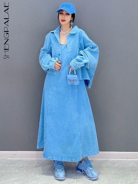 Zweiteiliges Kleid SHENGPALAE 2 Set Korean Fashion Denim Coat Top und ärmellose beiläufige lose Frauenkleidung 2023 Frühling 5R1830 230506