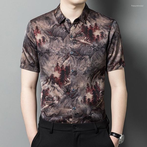 Freizeithemden für Herren im chinesischen Stil 3D-Druck für Herren, seidig, luxuriös, mit kurzen Ärmeln, Sommerqualität, Seide und Satin, Vintage Camisa Masculina