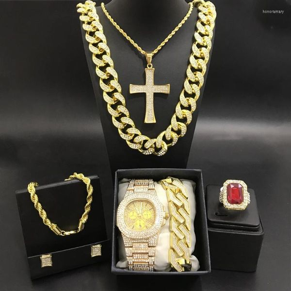 Halskette Ohrringe Set Luxus Männer Gold Farbe Uhr Braclete Ring Ohrring Combo Out Cuban Jewerly Neckalce Kette Hip Hop Für