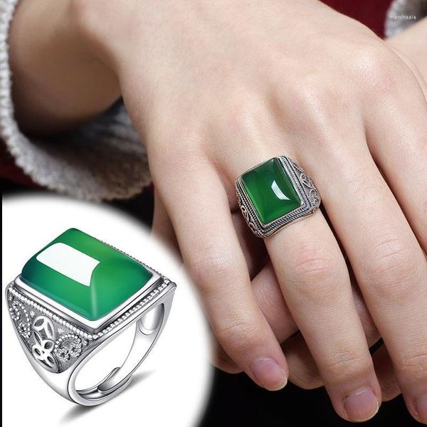 Rings de cluster Natural 925 Sterling Silver Inclaid Green Chalcedony Jade Redicável para homens Presente de engajamento de homens