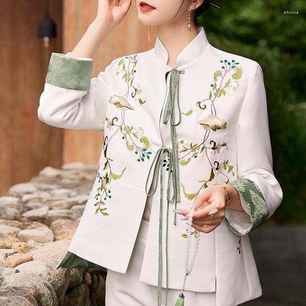 Damenjacken Hochwertige Chinesische Art Frühling Frau Junge Exquisite Stickerei Mode Lace-Up Kontrastfarbe Langarm Jacke S-XXL