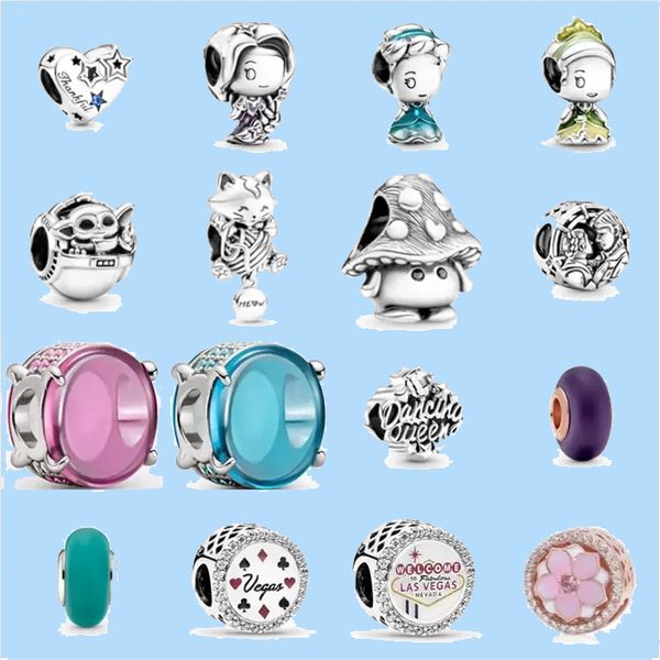 925 perline d'argento charms fit pandora fascino principessa testa di fungo perlina amore cuore blu turchese cristallo