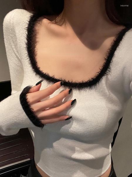 Frauen-T-Shirts Bodycon Slim Crop Tops Frau Casual Korean Style Pullover Reine Farbe 2023 Herbst Langarm Gestricktes kurzes T-Shirt weiblich