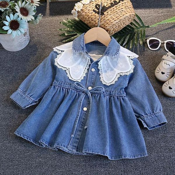 Vestidos de menina garotas de meninas vestido de moda de lapela desgaste da saia jeans de jeans de mangas compridas rendas pequenas mola de bebê e roupas de outono