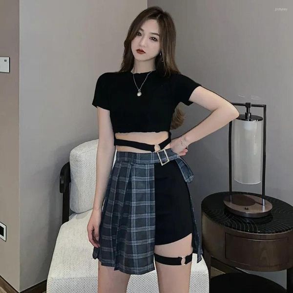 İş elbiseleri yaz siyah harajuku punk sokak giysisi şort kadınlar seksi gündelik vintage sıska kısa Kore moda alt emo giysisi kemer zinciri