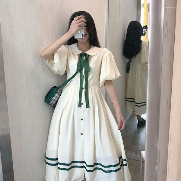 Lässige Kleider Vintage Kleid Damen Damen Adrette Mädchen Japan Halbarm Weiß Hohe Taille Fliege Midi Vestidos