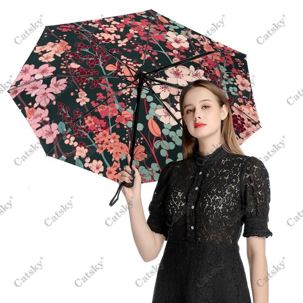Guarda-chuvas sakura flores de cerejeira totalmente automática de três guarda-chuva dobrável com revestimento preto Anti-UV Protection Guia Mulheres Rain Parasol 230508