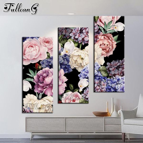 Costura Fullcang Flores peônias coloridas pinturas de diamante de tríptico extra grande Cross Stitch DIY 5D Mosaic Bordado Decoração de casa FG1032