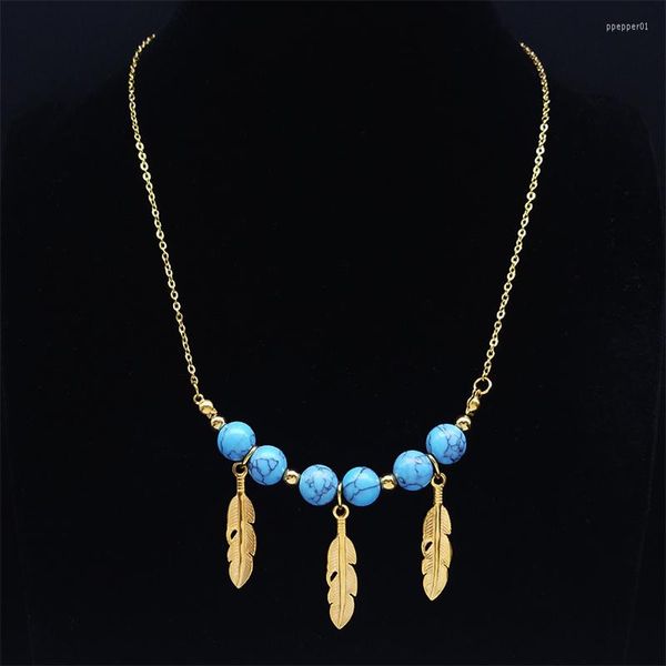 Anhänger Halsketten Boho Feder Quaste Blau Stein Perlen Schlüsselbein Kette Halskette Gold Farbe Edelstahl Choker Bohemian Schmuck NY82S0