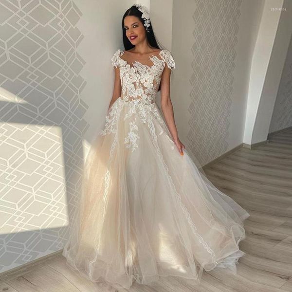 Abito da sposa Fivsole Appliques sexy Maniche ad aletta Abiti in tulle 2023 Collo trasparente Perle Princess Beach A-Line Abiti da sposa Illusion