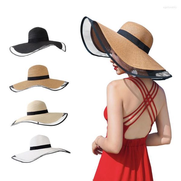 Wide Brim Hats Handmade Weave Sun Hat For Women Black Ribbon Lace Up Mesh Gaze Large Straw Outdoor Beach Summer Cap Eger22