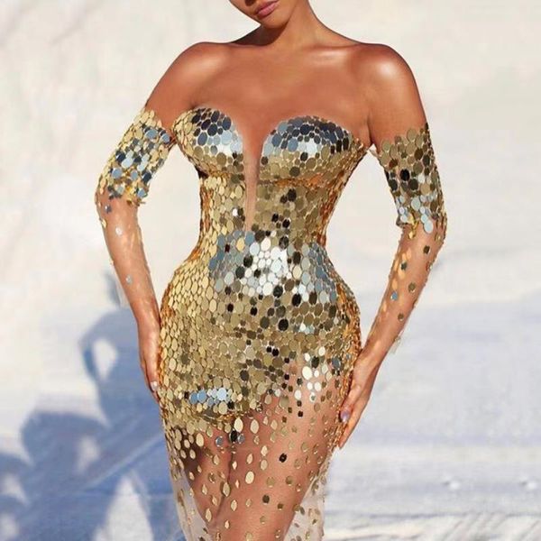 2023 Sommer neues Kleid Pailletten einzeilige Schulter sexy Mesh-Gaze-Perspektive langes Abendkleid