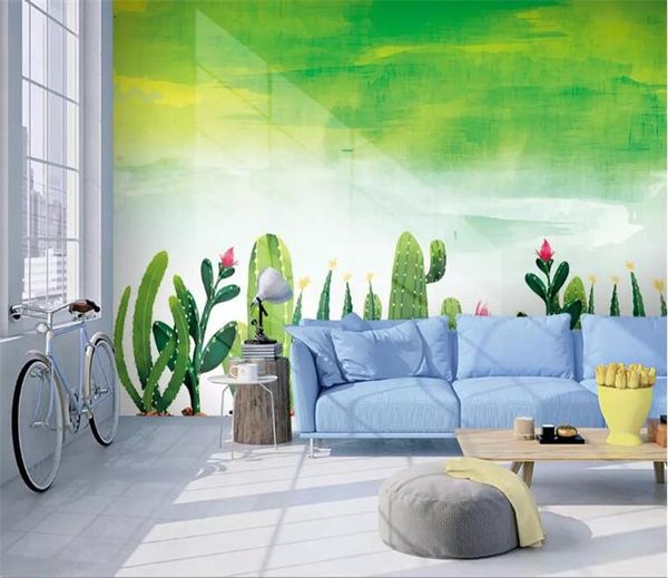 Tapeten Benutzerdefinierte Tapete Einfache handgemalte Aquarell Garten Kaktus Wohnzimmer TV Hintergrund Wandmalerei Po 3d