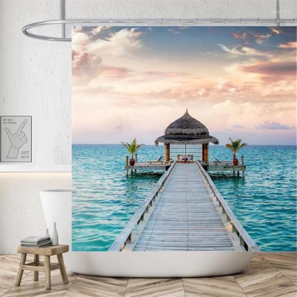 Duschvorhänge Strand Luxus Badezimmer Landschaft Wasserfall Hochwertiges Polyestergewebe Wasserdichter Vorhang Cortinas De Ducha