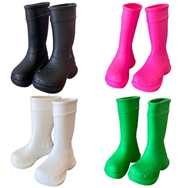 Botas de moda, sapatos de grife de luxo, isolamento ao ar livre, botas longas, botas de chuva de buraco de borracha, couro genuíno, sapatos anti -deslizamentos ao ar livre, sapatos de doces de solado grosso casual