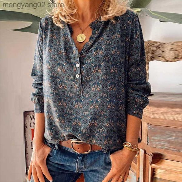 Blouses femininas camisas de tamanho grande para feminino camisa de mulher primavera outono as blusas de estampa floral vintage stand colar de manga longa tops soltos blusas casuais mujer t230508