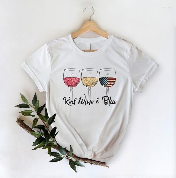 Damen-T-Shirts, Rotwein, blaues Hemd, 4. Juli, patriotisches Unabhängigkeitstag-Geschenk für Frauen, Kurzarm-Top, T-Shirts, O-Ausschnitt, Streetwear, Cctton