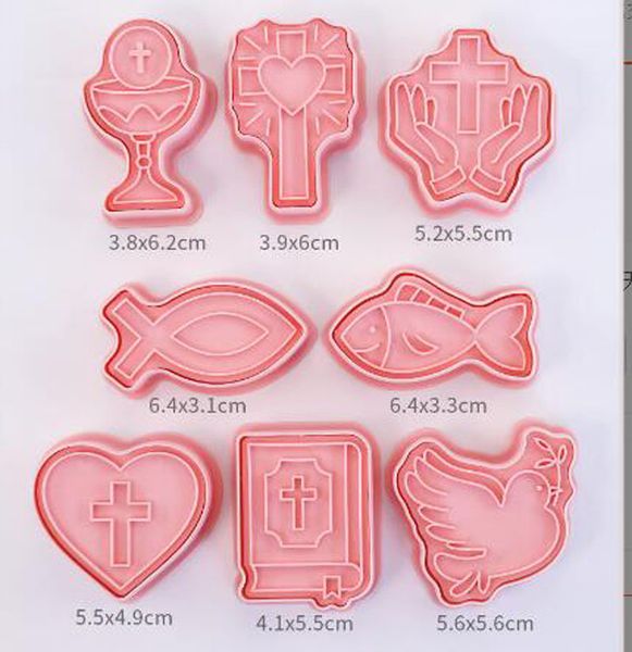 8 Stück Backformen Mini süße Cartoon-Ausstecher Kreuz Friedenstaube geformte Keksform Kunststoff rosa Ausstecher für die Küche zu Hause, 8 Stile