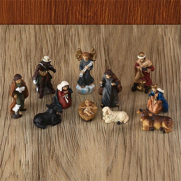 Objetos decorativos Figuras da estátua cena de natividade Conjunto de berço de Natal Jesus Jesus Miniatura Ornamento Igreja Católica Presente Decoração 230508