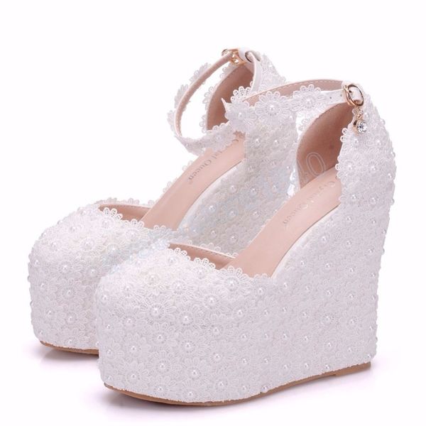 Dame Weiße Blume Hochzeit Schuhe Spitze Perle High Heels Süßes Braut Kleid Perlen Frauen Keil Sandalen