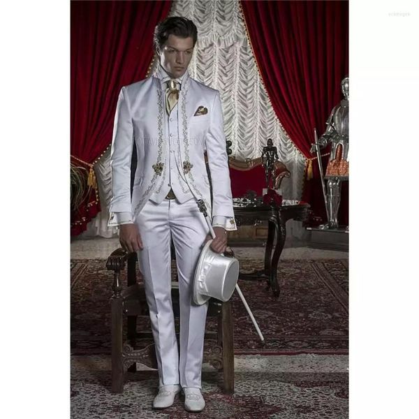 Ternos masculinos 2023 Bordados no bordado mandarim lapele noivo Tuxedos Men White Wedding/Prom Man Blazer (colete de calças de jaqueta)