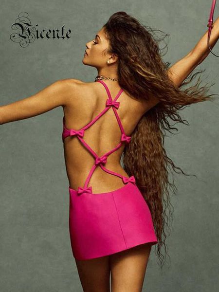 Lässige Kleider VC Frau Sexy Bogen Backless Design Ausgeschnittenes Ärmelloses Pink Halfter Party Club Wear Cocktail Bandage Minikleid Vestidos Z0506