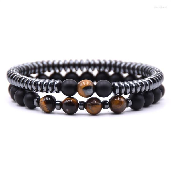 Strand Moda 2pcs/conjunto de pedras naturais de 8 mm de bracelete homens de 6mm de hematita comprimidos redondos pulsetas de corrente para mulheres presentes pulseras