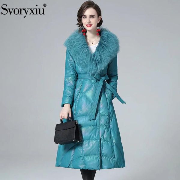 Damen Trenchcoats Svoryxiu Mode Frau Winter Cyanine Windjacke Mantel Wolle Revers Schärpen Zweireiher Gerader Typ Fester Mantel