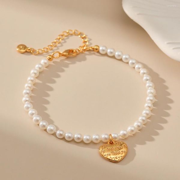 Strand MKOPSZ Bracciale con perline di perle d'imitazione dolci ed eleganti Braccialetti con ciondoli a forma di cuore in metallo color oro per regali di gioielli di moda da donna