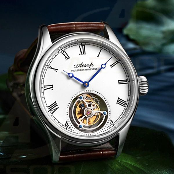 Avanadores de pulso Aesop 7021 Tourbillon Watch Men Movement Mechanical Wirstwatches Sapphire impermeável banda de metal à prova d'água Roman Scale Dial Classi