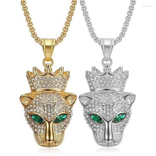 Collane con ciondolo Hip Hop Bling Ghiacciato Corona in acciaio inossidabile Ghepardo Leopardo Pendenti con animali per uomo Goccia di gioielli Rapper