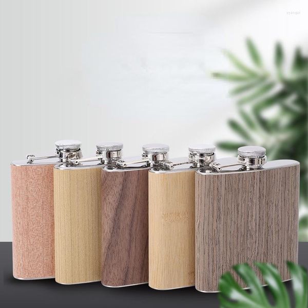 Fiaschetta da 6 once Fiaschetta da tasca Pelle a grana di legno Piccola pentola da vino in acciaio inossidabile per alcol Whisky portatile Flagon Regalo da uomo