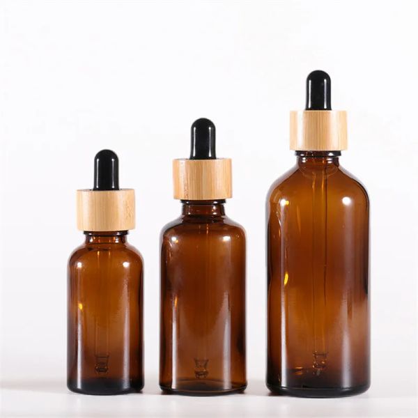 presa di fabbrica Flacone contagocce in vetro ambrato con coperchi in bambù Bottiglie di oli essenziali Fiale campione per liquidi cosmetici per profumi 15 ml 20 ml 30 ml 50 ml 100 ml