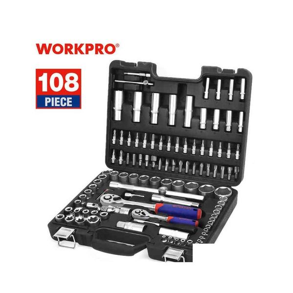 Conjuntos de ferramentas profissionais da mão WorkPro 108 PCs Conjunto para ferramentas de reparo de carros Mecânicos de revestimento fosco Matte Ratchet Spanners Wrench H220510 DHMAG